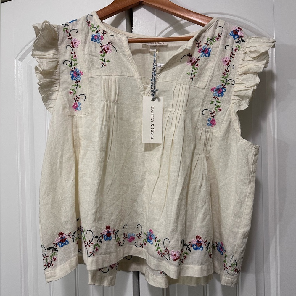 Jennifer and Grace Cream Floral Embroidered Blouse